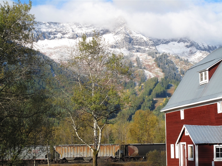 Early dusting of snow on the Lizard Range - Cokato Road Red Barn, fall season